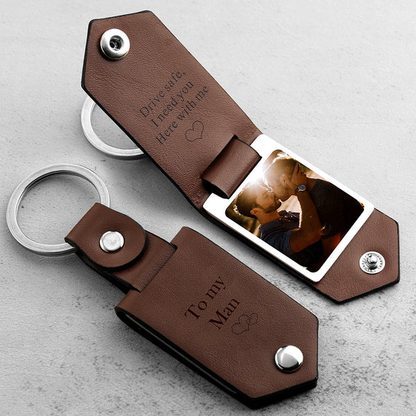 Drive Safe Keychain Gift for LGBT Custom Leather Photo Text Keychain with Engraved Text