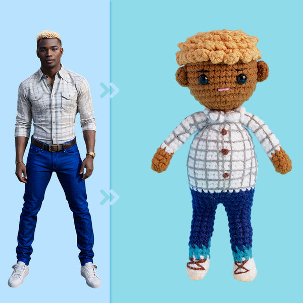 Full Body Customizable 1 Person Custom Crochet Doll Personalized Gifts Handwoven Mini Dolls - Plaid Shirt Boys - Myphotomugs