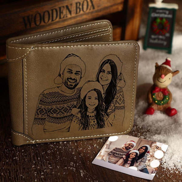 Anniversary Gifts Custom Photo Engraved Short Wallet Brown Leather Christmas Gifts