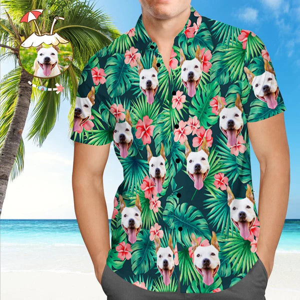 Custom Dog Face Hawaiian Shirt Leaves & Flowers Men's All Over Print Hawaiian Shirt