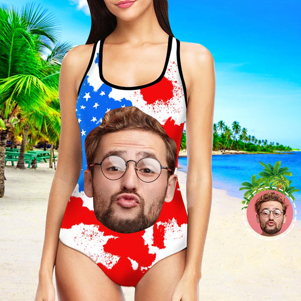 My Face Swimsuit One Piece Swimsuit Custom Bathing Suit with Face - Abstract American Flag