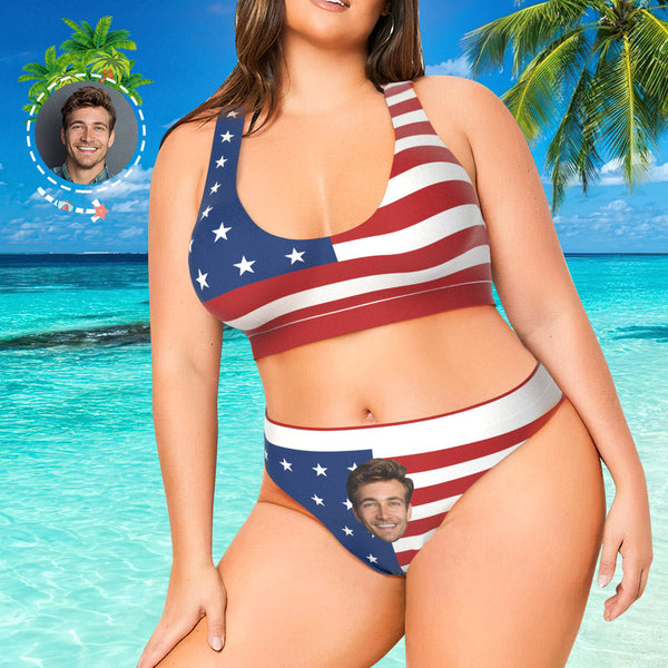 Best Plus Size Swimwear Face Swimsuit Custom Bikini with Face - American Flag