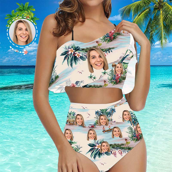 Face Swimsuit Custom Ruffle Bikini with Face High Waisted - Landscape Pattern