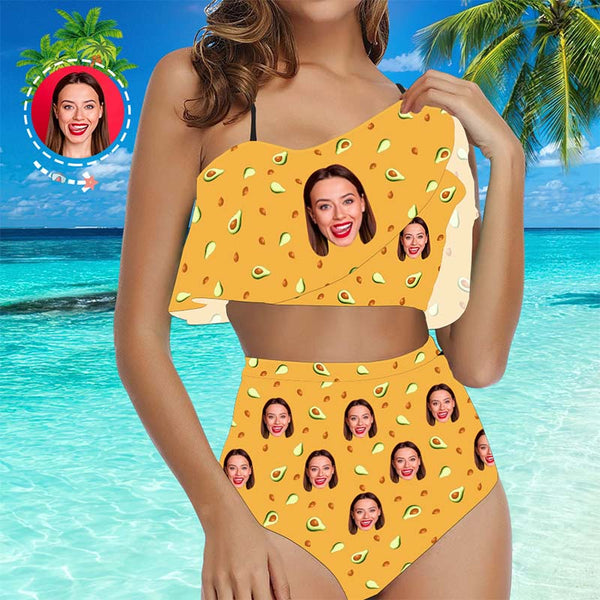 Face Swimsuit Custom Ruffle Bikini with Face High Waisted - Avocado